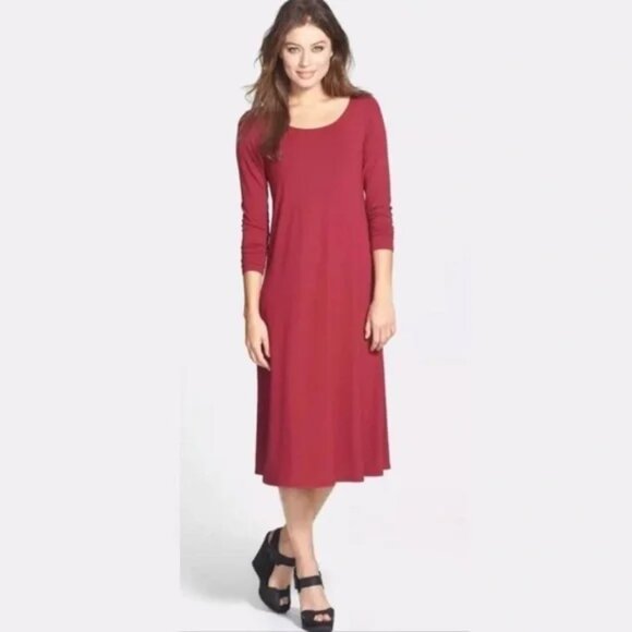 EILEEN FISHER S Scarlet Viscose Jersey Keyhole Back Dress Long Sleeve Midi - Picture 1 of 7